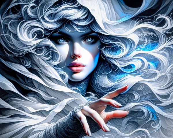 Mystical Woman Portrait with White Hair and Blue Eyes