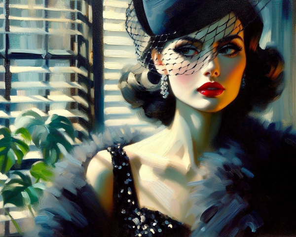 Glamorous Woman in Elegant Black Outfit with Veil