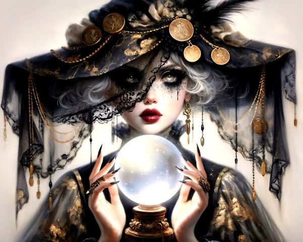 Cloaked Figure with Crystal Ball and Intricate Lace