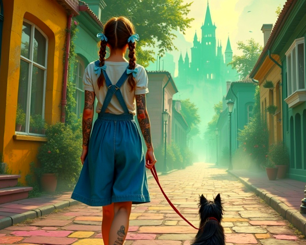 Girl with Braided Hair Walking Dog on Colorful Street