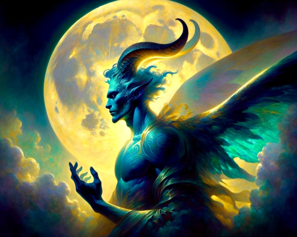 Vibrant Blue Figure with Wings Under Full Moon