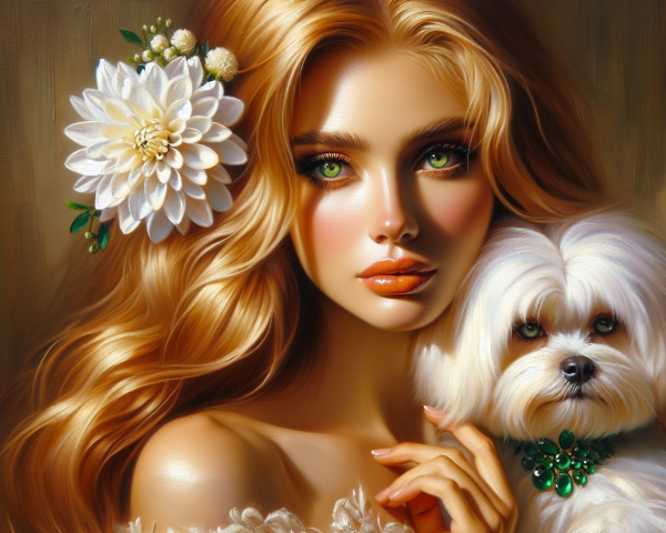 Young Woman with Blonde Hair and White Dog