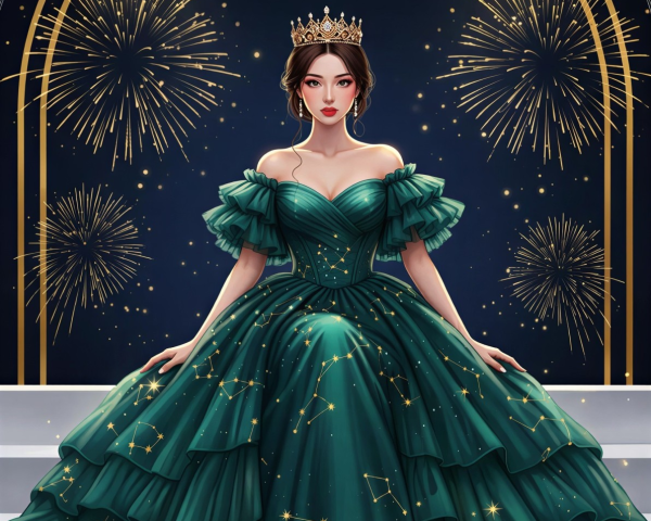 Digital illustration of a woman in a teal gown and crown
