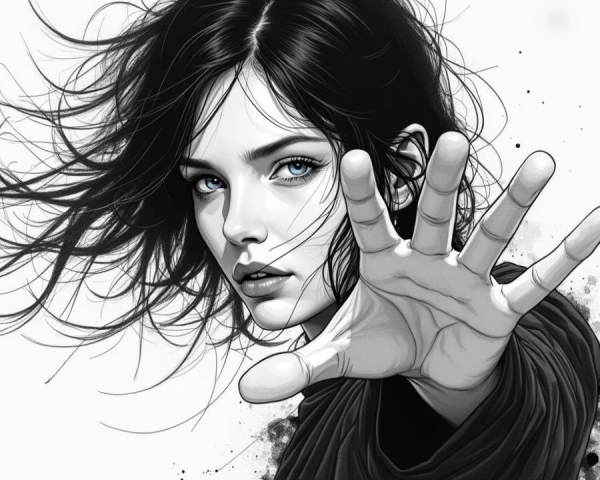 Black and White Illustration of a Woman with Blue Eyes