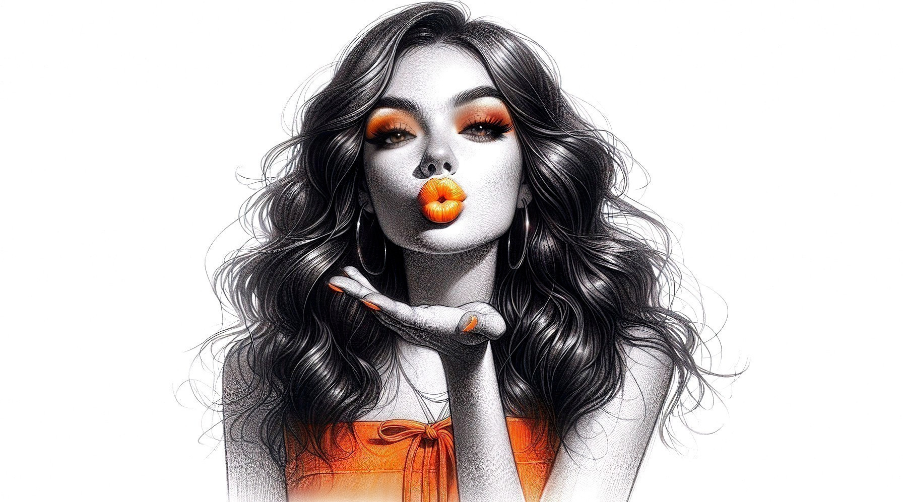 Illustration of a woman with dark hair and orange makeup