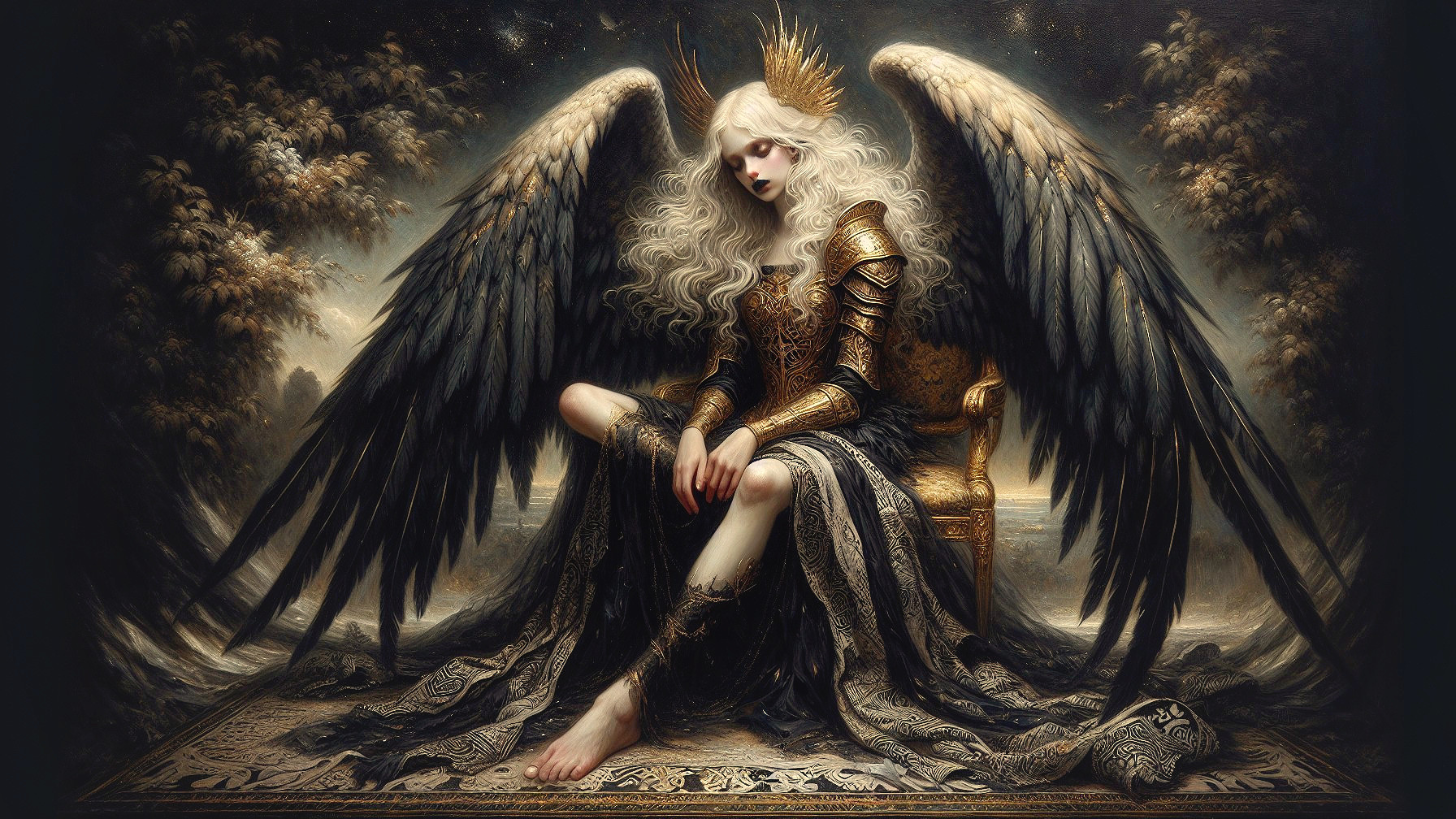 Majestic figure on ornate throne with ethereal wings