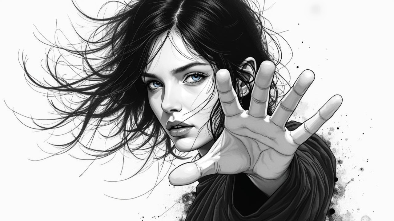 Black and White Illustration of a Woman with Blue Eyes