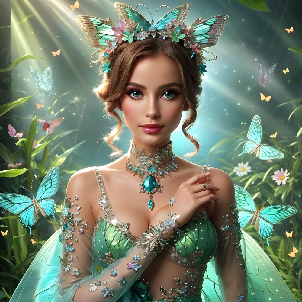 Fairy-tale scene with woman in green gown and butterflies