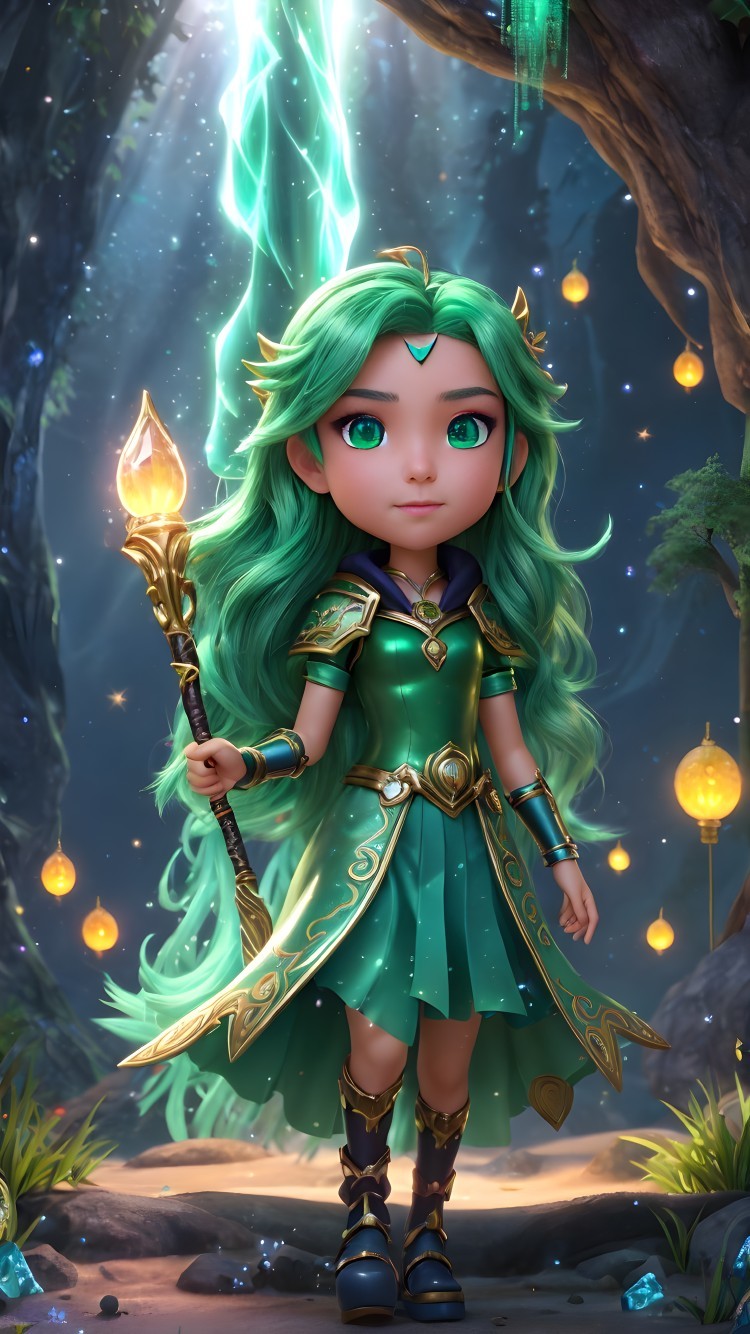 Mythical figure with green hair in magical forest