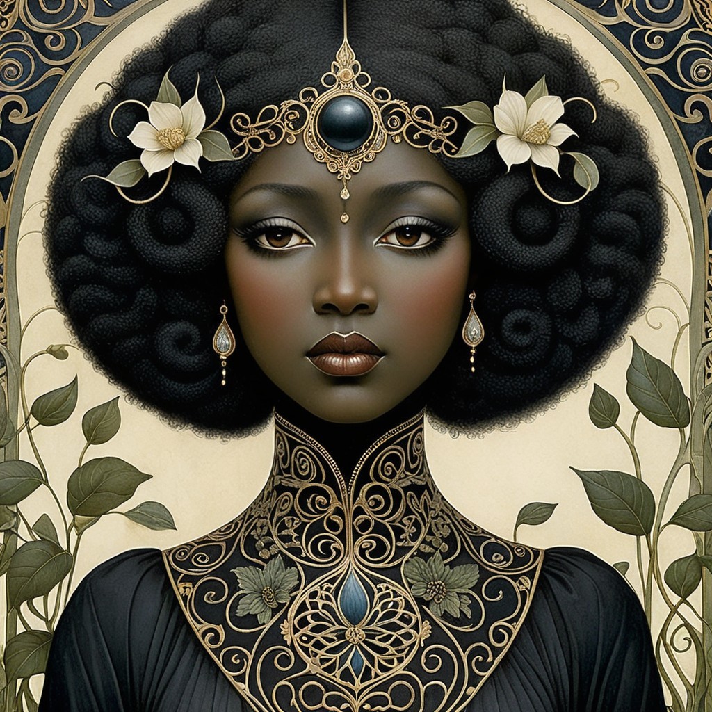 Regal Woman with Black Afro and Floral Adornments