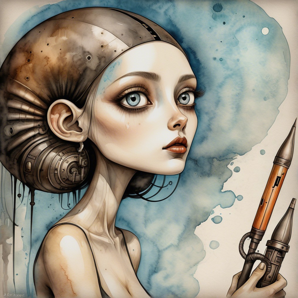 Futuristic Woman with Sci-Fi Weapon and Watercolor Background