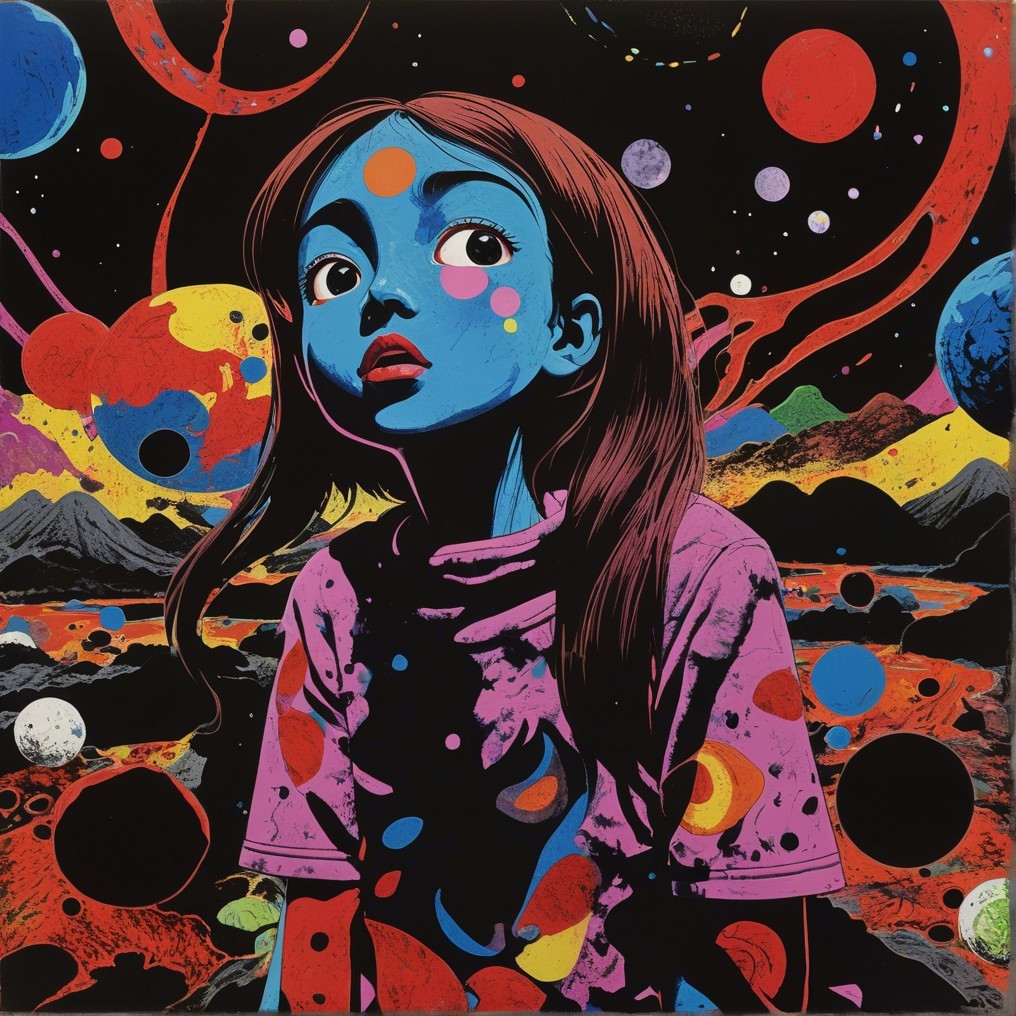Young girl with blue skin in a cosmic landscape