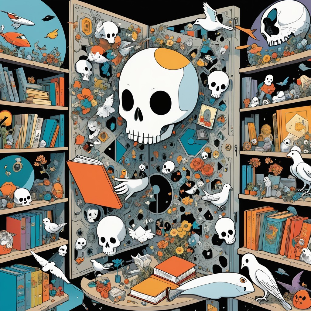 Whimsical Scene with Open Book and Stylized Skulls