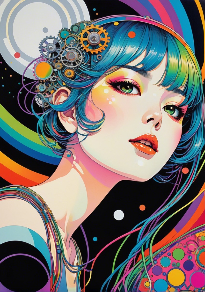 Vibrant Portrait of a Woman with Blue Hair and Gears