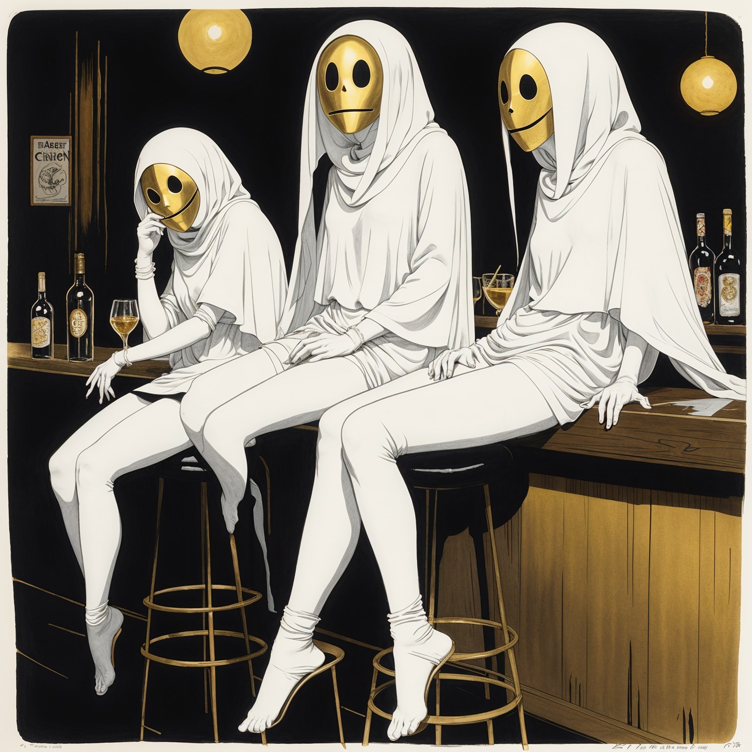 Ghostly Figures in Elegant Bar Setting with Shadows