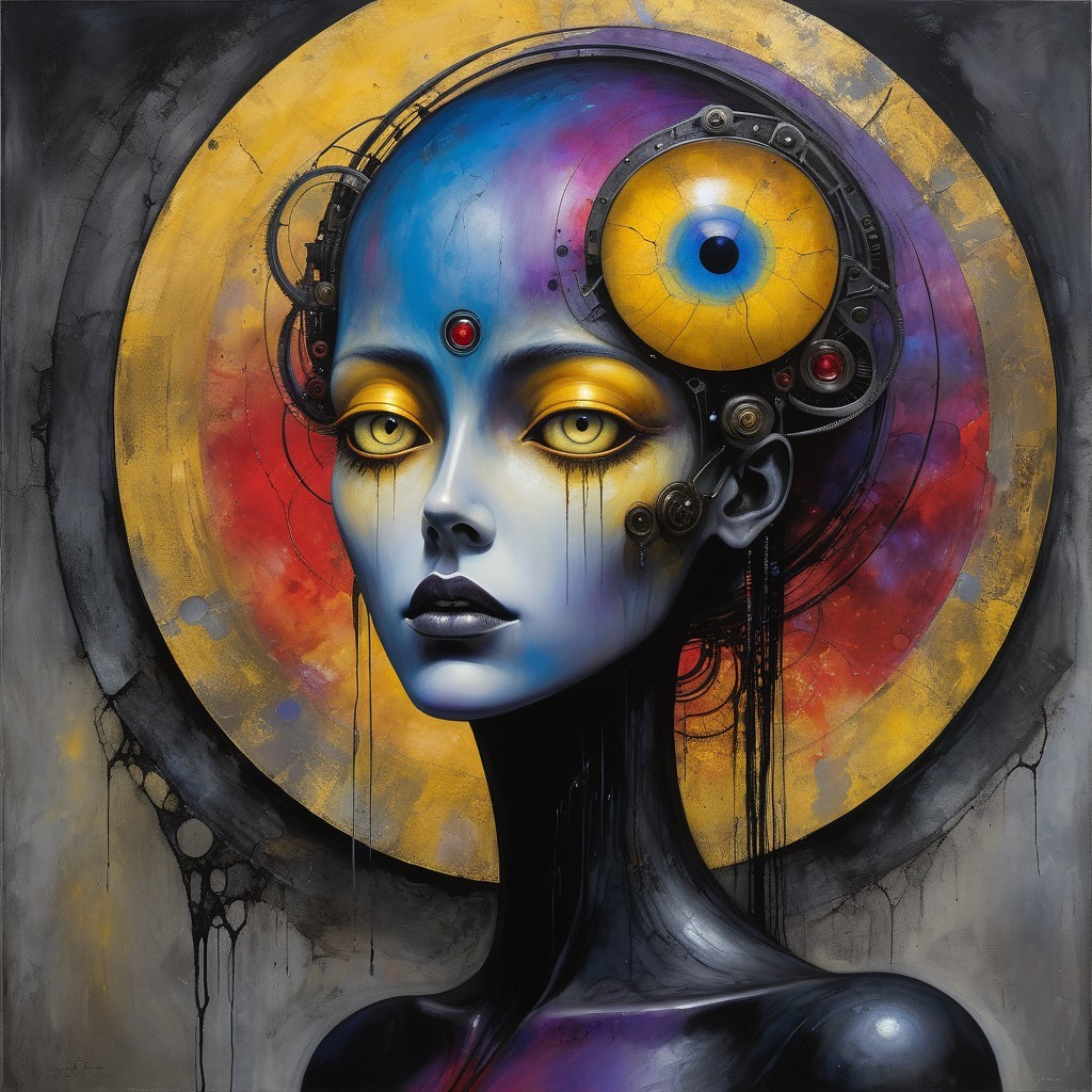 Futuristic humanoid figure with blue and purple tones