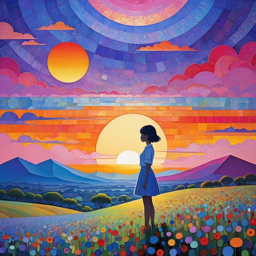 Colorful Landscape with Girl in Flower Field at Sunset
