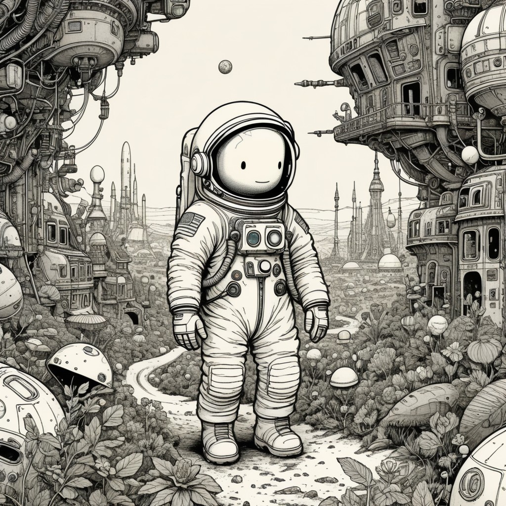 Whimsical Astronaut in Futuristic Landscape with Greenery