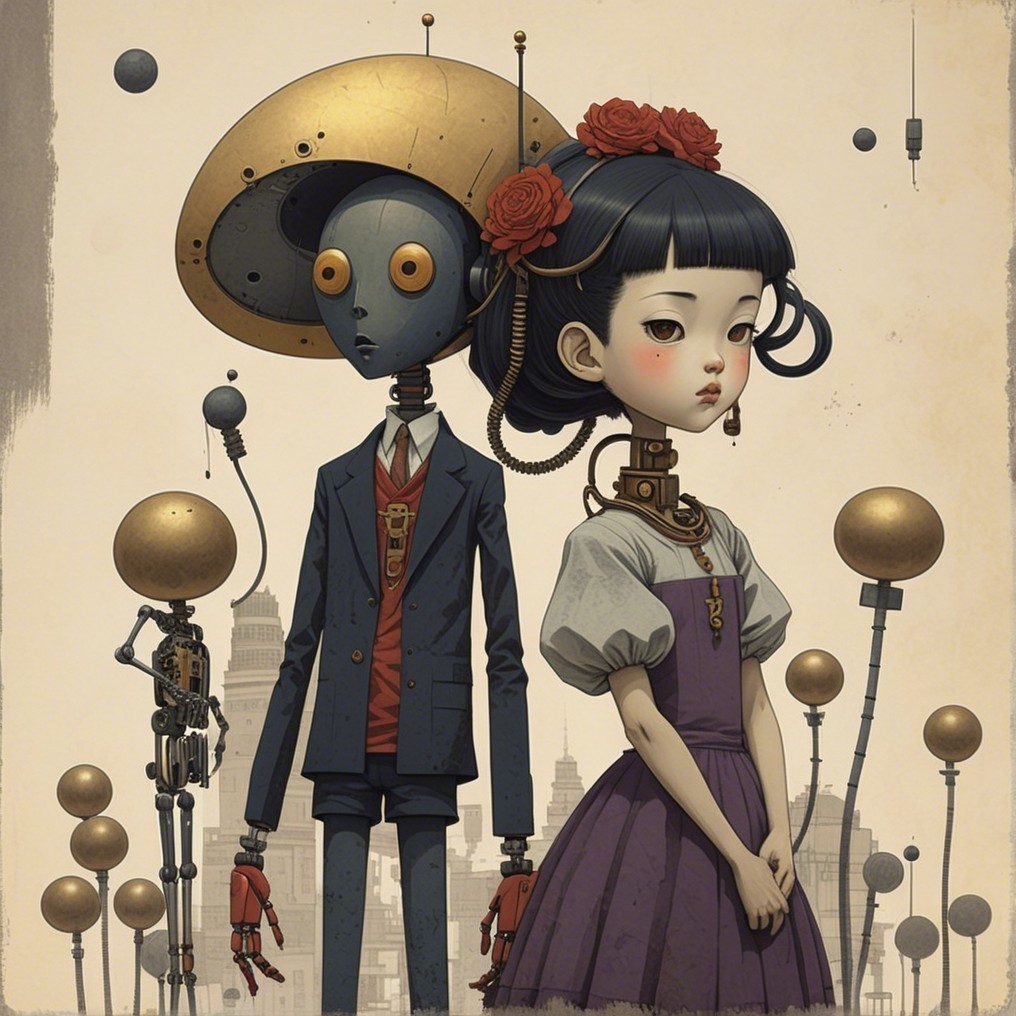Steampunk Scene with Girl and Robot in Vintage Dress