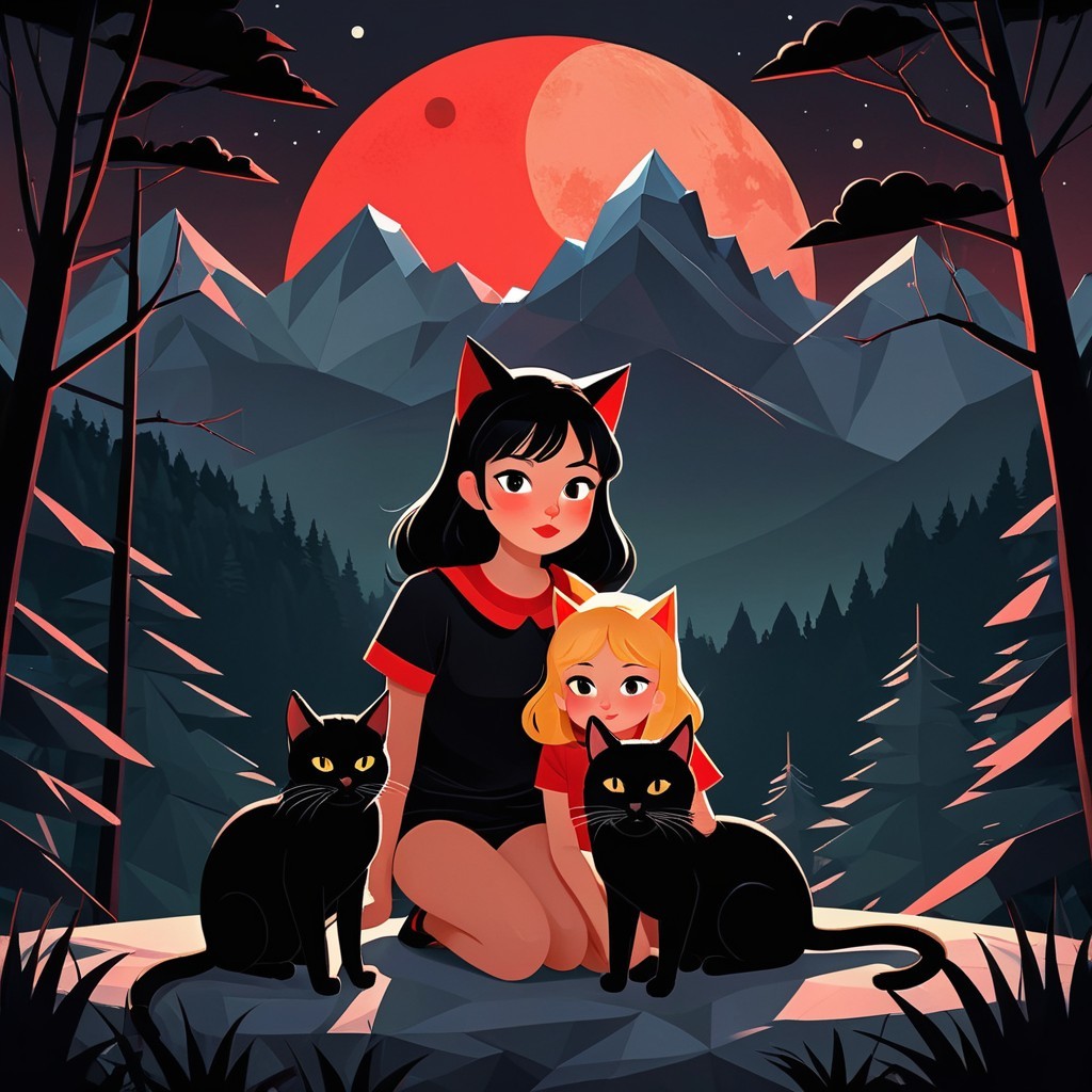Whimsical Scene of Girls with Cat Ears and Cats