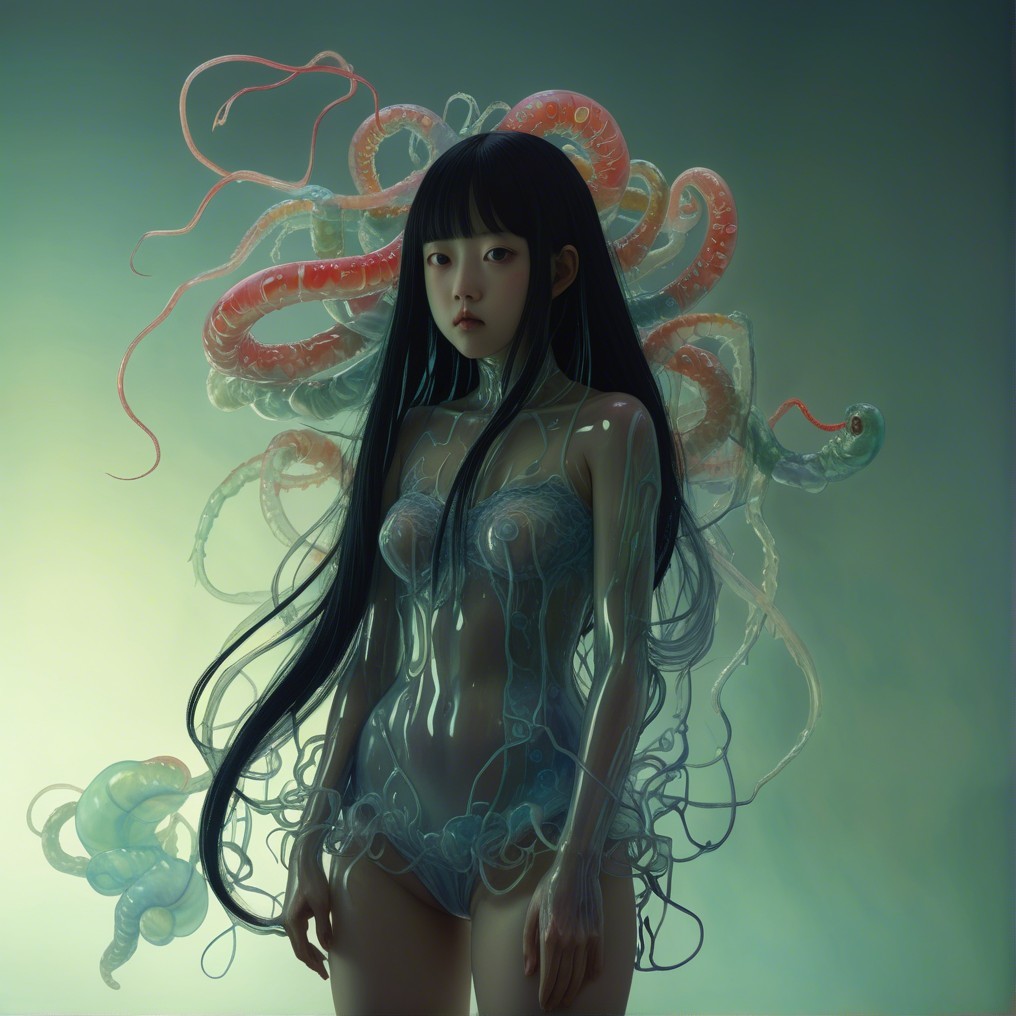 Fantastical figure with translucent body and flowing hair