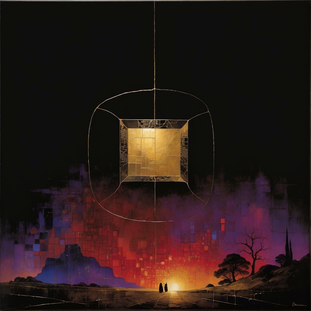 Surreal Landscape with Dark Sky and Floating Cube