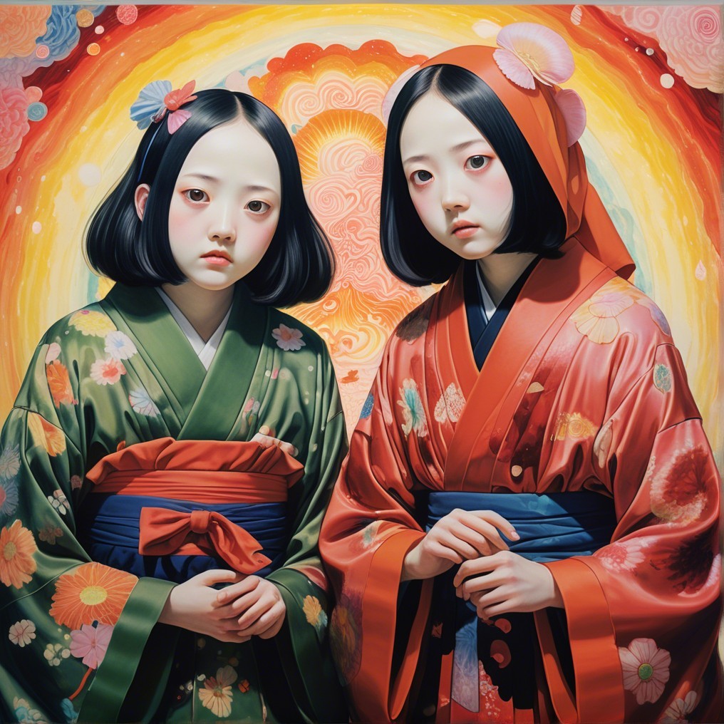Young girls in colorful kimonos with floral patterns