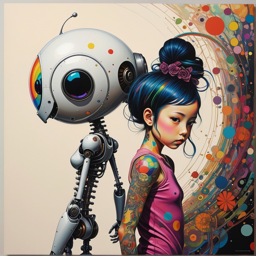 Whimsical Scene with Girl and Quirky Robot Art