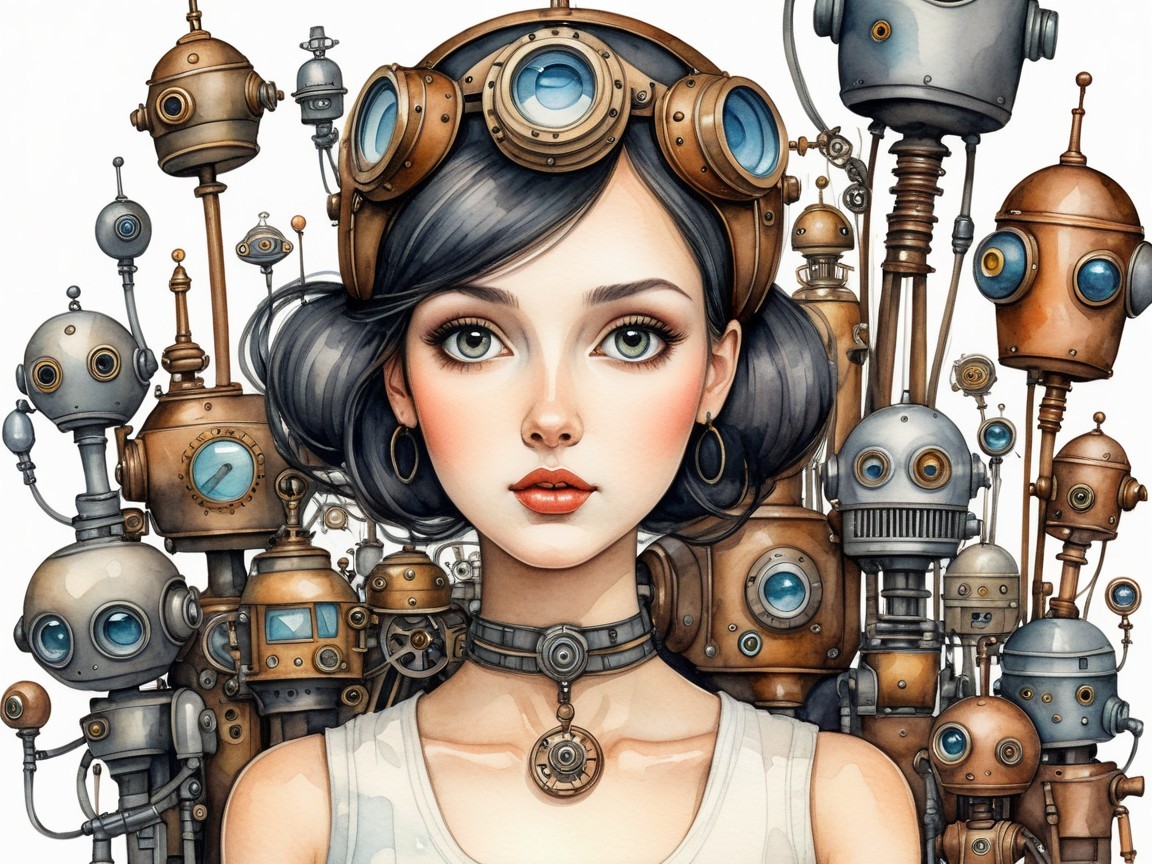 Young Woman in Steampunk Setting with Whimsical Robots