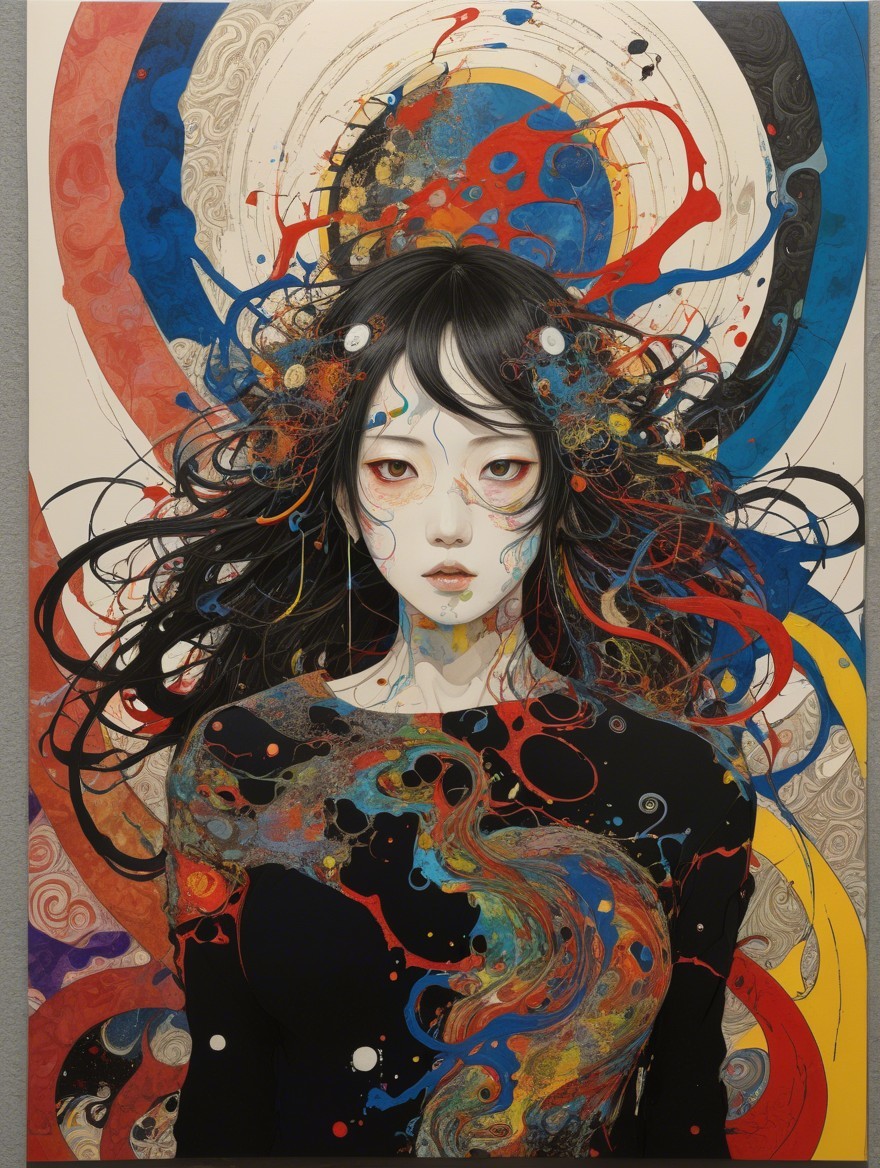 Portrait of a Young Woman with Colorful Hair and Patterns