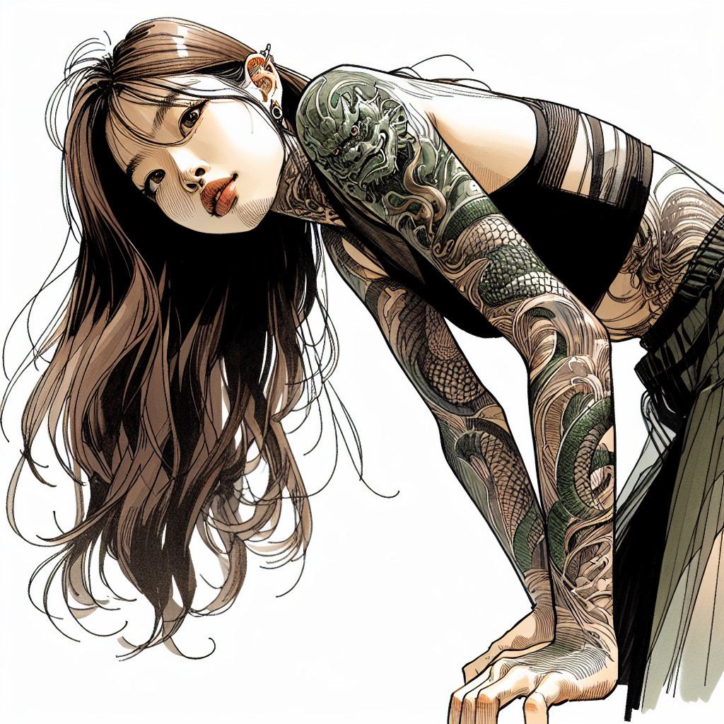 Young woman with tattoos in stylish black top