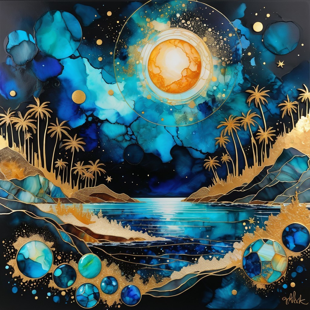 Vibrant Abstract Scene with Golden Sun and Palm Trees