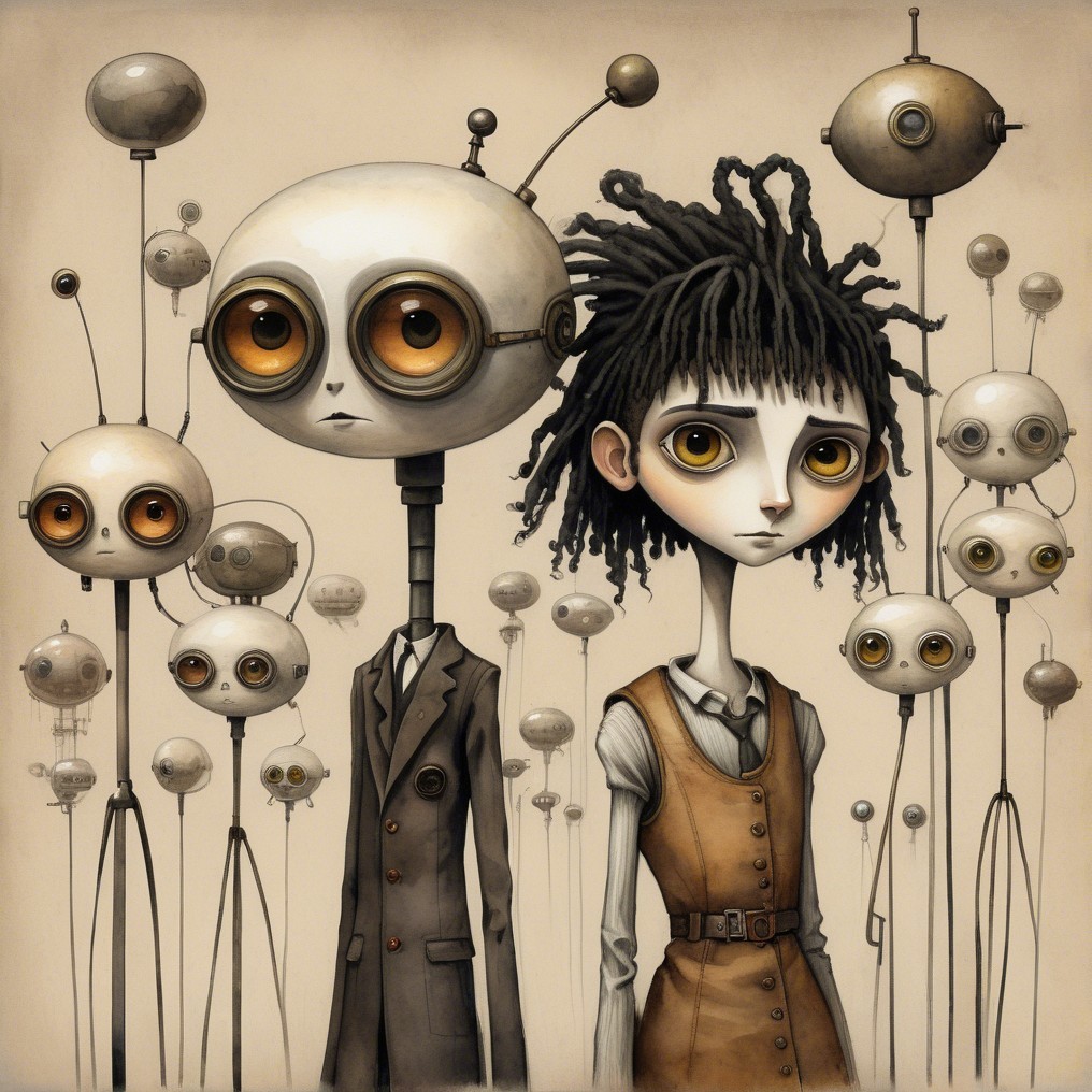 Characters with Oversized Eyes and Robots in Surreal Scene
