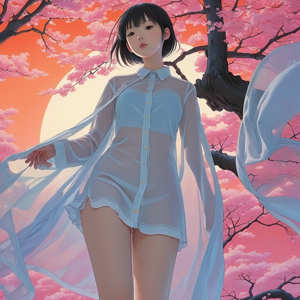 Young Woman Under Cherry Blossom Tree at Sunset