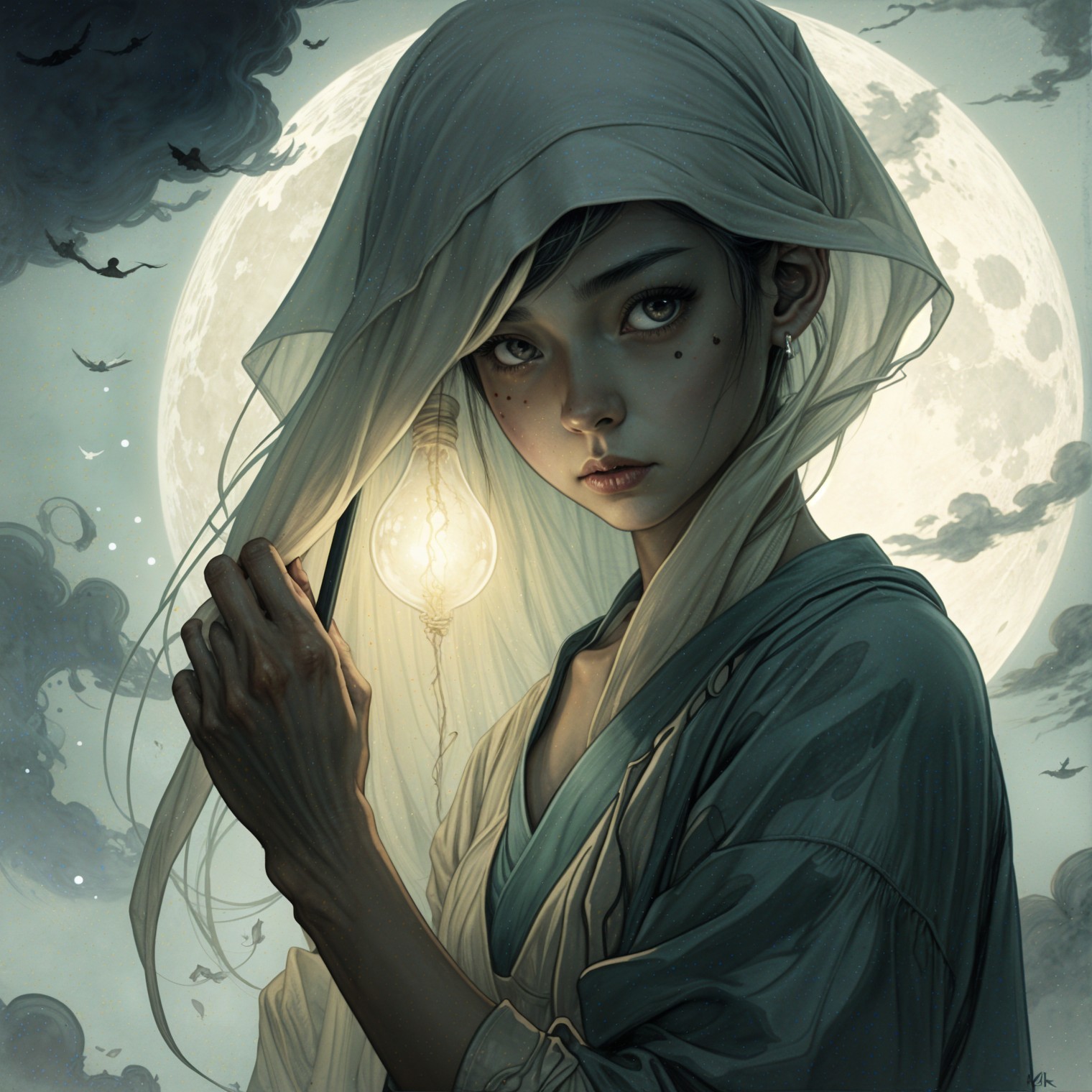 Ethereal Figure with Veil and Luminous Moon Background