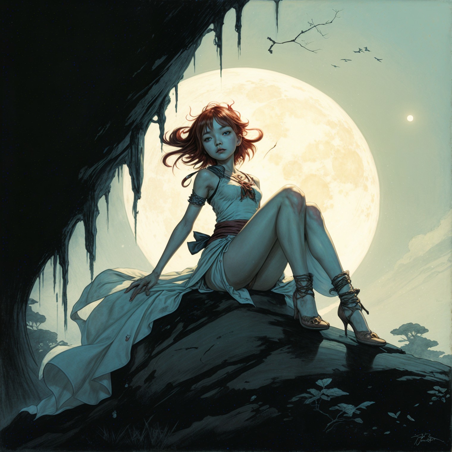 Young Woman in White Dress Under Full Moonlight