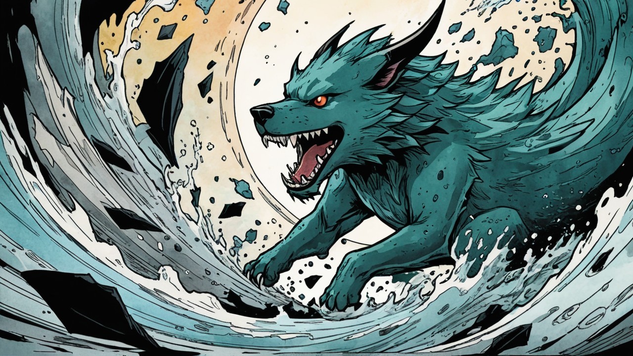 Teal Wolf Creature in Dramatic Water and Sky Scene
