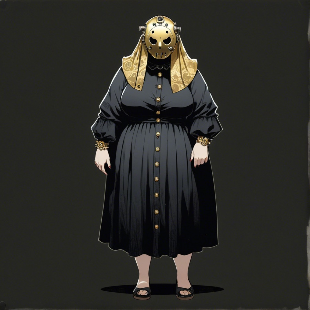 Character in Black Dress with Golden Mask and Headdress