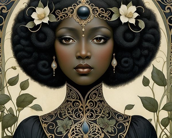 Regal Woman with Black Afro and Floral Adornments