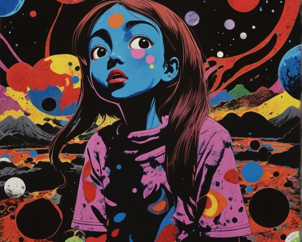Young girl with blue skin in a cosmic landscape