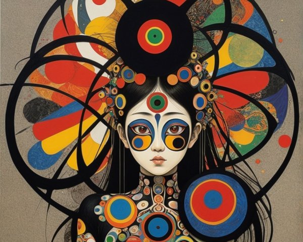 Stylized Portrait of a Woman with Vibrant Patterns