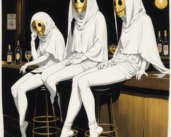 Ghostly Figures in Elegant Bar Setting with Shadows