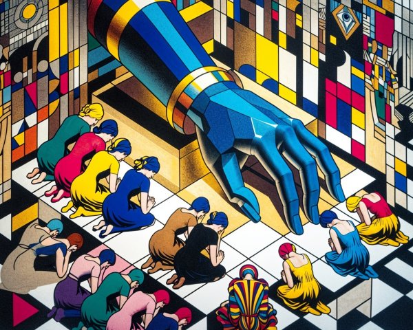Geometric Artwork with Blue Hand and Kneeling Figures