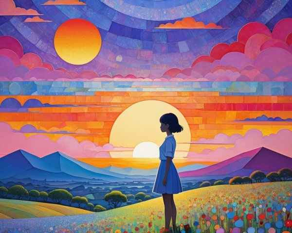 Colorful Landscape with Girl in Flower Field at Sunset