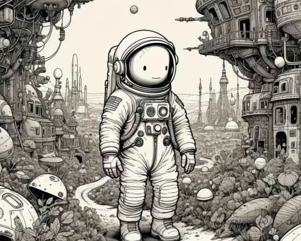 Whimsical Astronaut in Futuristic Landscape with Greenery