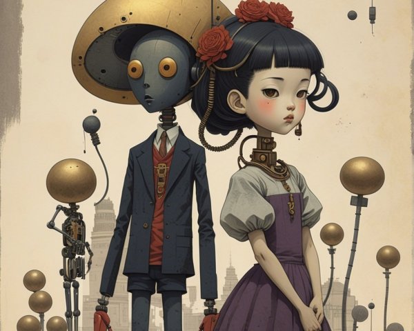 Steampunk Scene with Girl and Robot in Vintage Dress