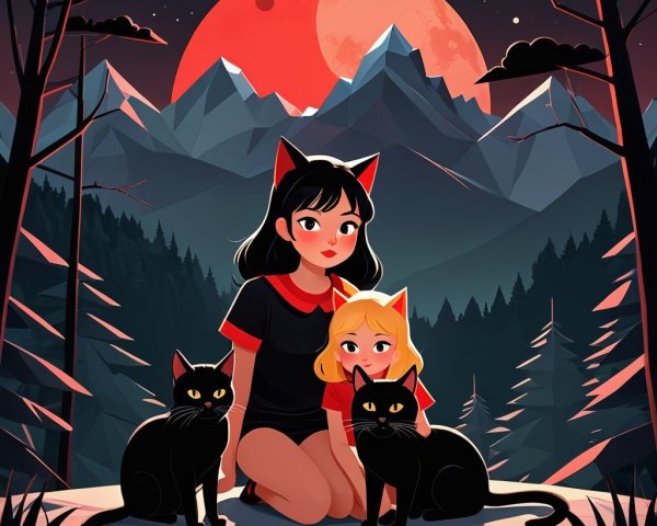 Whimsical Scene of Girls with Cat Ears and Cats