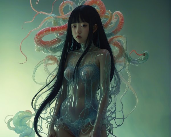 Fantastical figure with translucent body and flowing hair