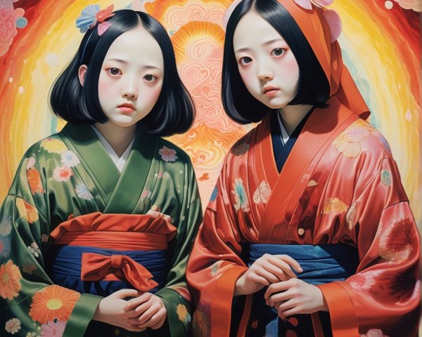 Young girls in colorful kimonos with floral patterns