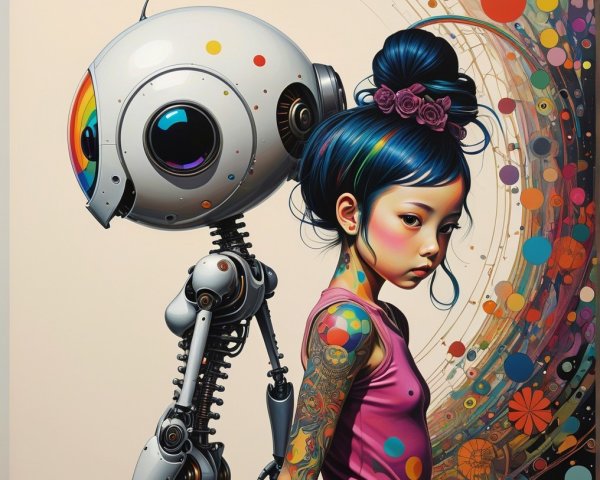 Whimsical Scene with Girl and Quirky Robot Art